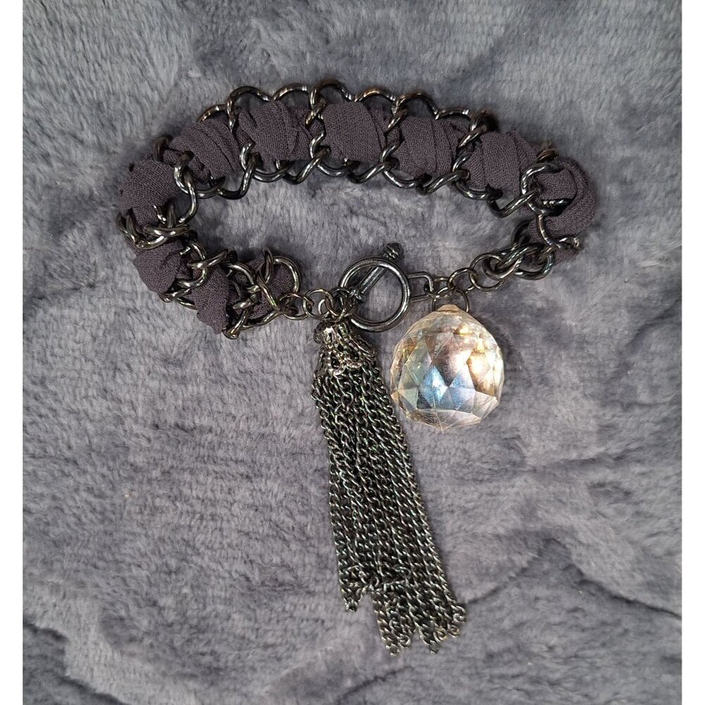 Black & Silver Grey Tassel Iridescent Faux Crystal Ball Toggle Bracelet-EUC